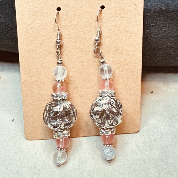 Silver Hook Dangle Earrings & Large Silver Beads & Cherry Quartz Stones & Crysta - Picture 1 of 9